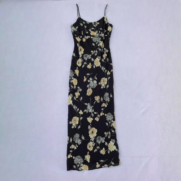 Vintage 90s Gunne Sax Jessica McClintock Black and Yellow Floral Maxi Dress 5/6 - Picture 1 of 8